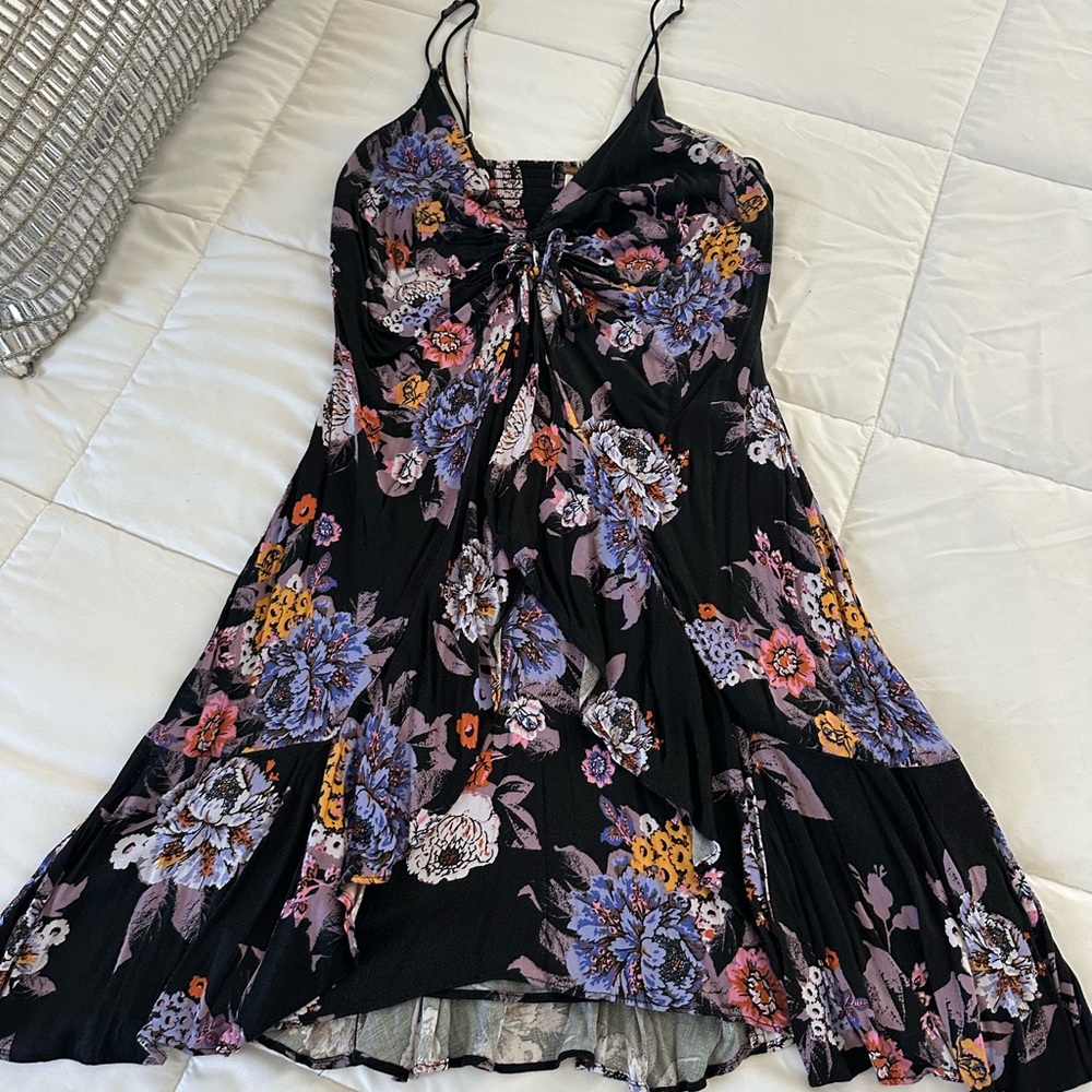 FREE PEOPLE- Floral Black Dress with Spaghetti Straps